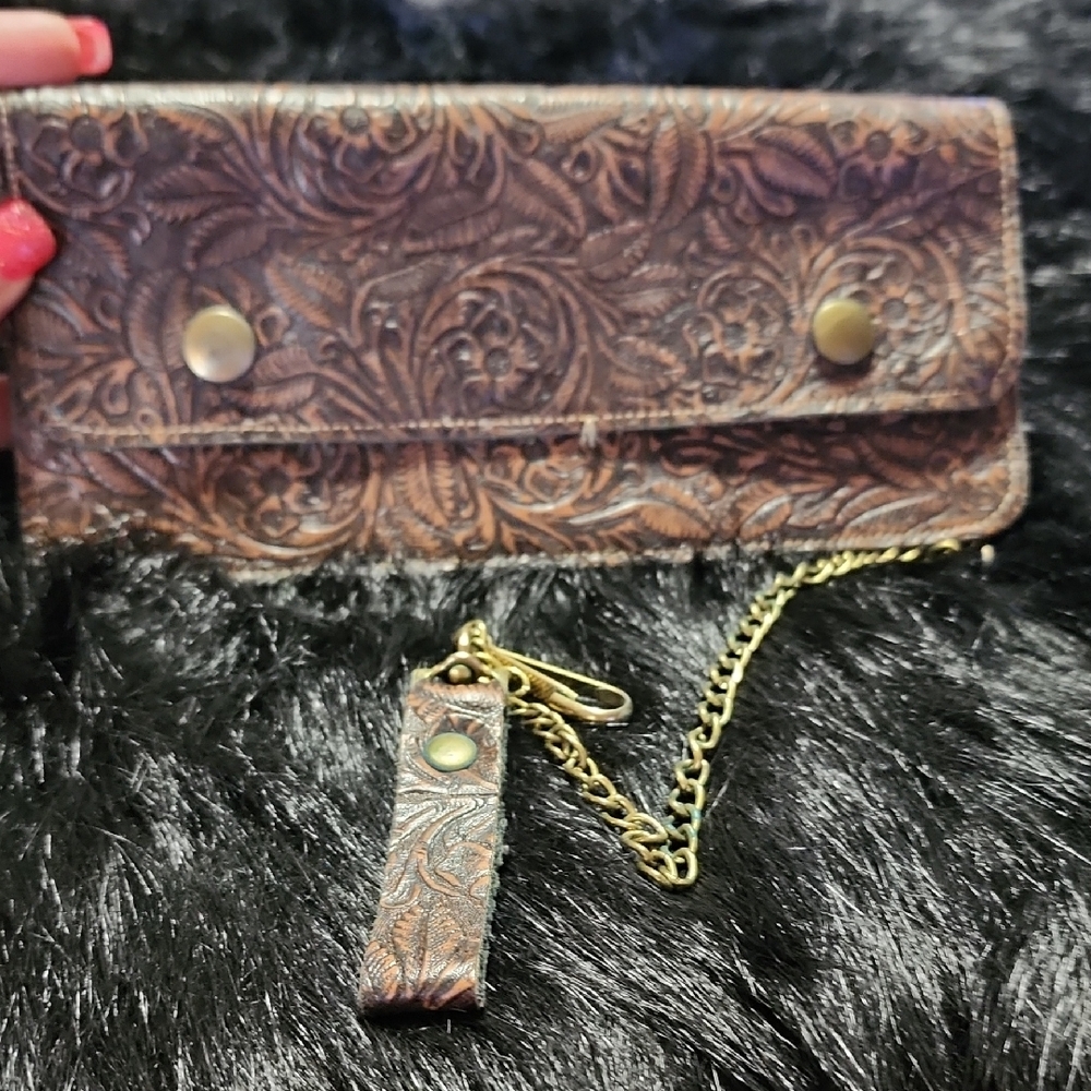 Brown Embossed Wallet with Chain & Belt & Keys Attachments.